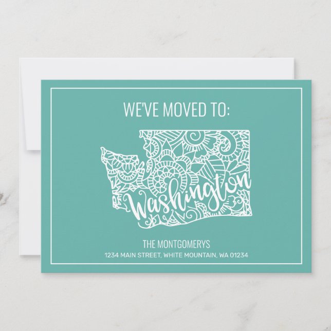 Boho Teal Floral Mandala Washington State Moving Announcement (Front)