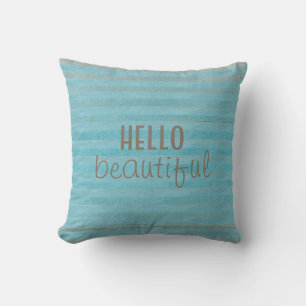 Boho Teal Striped With Handwritten Hello Beautiful Throw Pillow