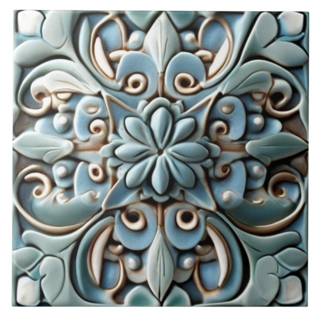 Boho Teal Turquoise Faux Relief Botanical Flower Tile (Front)
