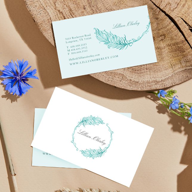 Boho Teal Watercolor Floral Feather Crest Wreath Business Card (Boho Teal Watercolor Floral Feather Crest Wreath Business Card)
