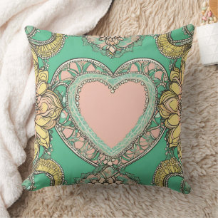 Boho teal & yellow heart mandala floral AI art  Throw Pillow