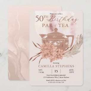 Boho Teapot Hydrangeas Pampas 50th Birthday Party  Invitation