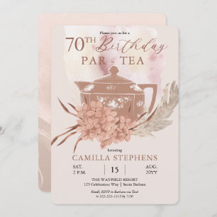 Boho Teapot Hydrangeas Pampas 70th Birthday Party Invitation