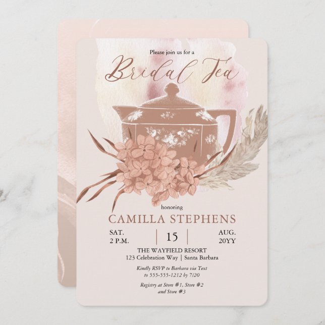 Boho Teapot | Hydrangeas | Pampas Grass Bridal Tea Invitation (Front/Back)