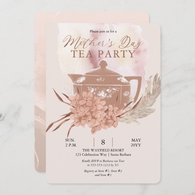 Boho Teapot Hydrangeas Pampas Mother's Day Tea Inv Invitation (Front/Back)