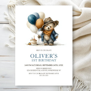 Boho Teddy Bear 1st Birthday Party Invitation