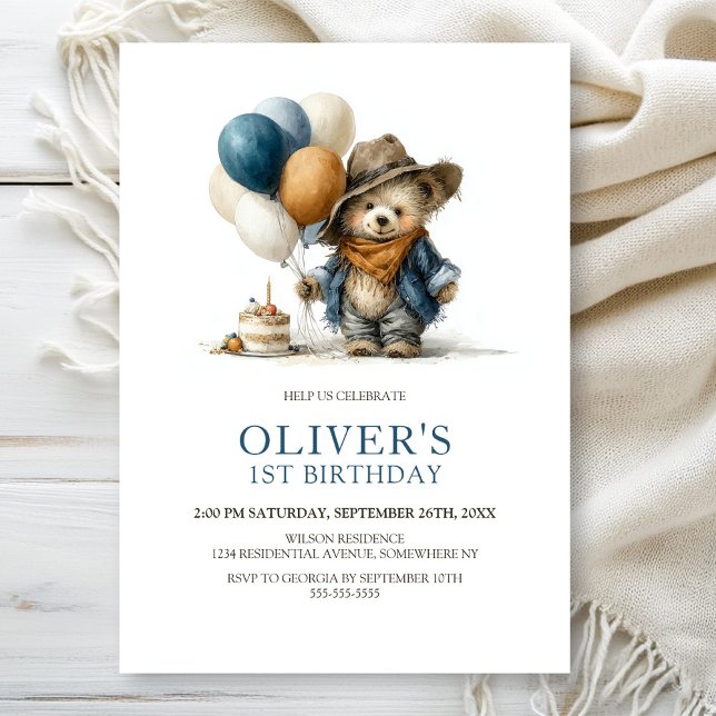 Boho Teddy Bear 1st Birthday Party Invitation (Creator Uploaded)