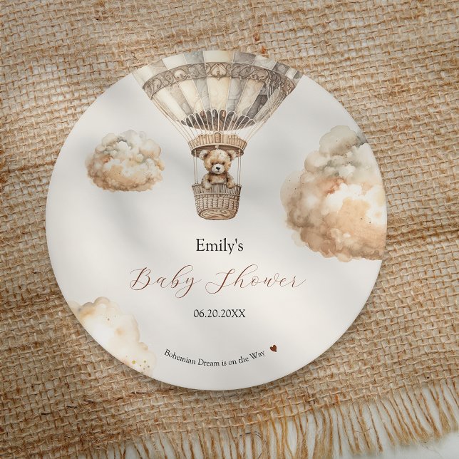 Boho Teddy Bear Air Balloon Clouds Baby Shower Round Paper Coaster (Boho Teddy Bear Air Balloon Clouds Baby Shower Round Paper Coaster)
