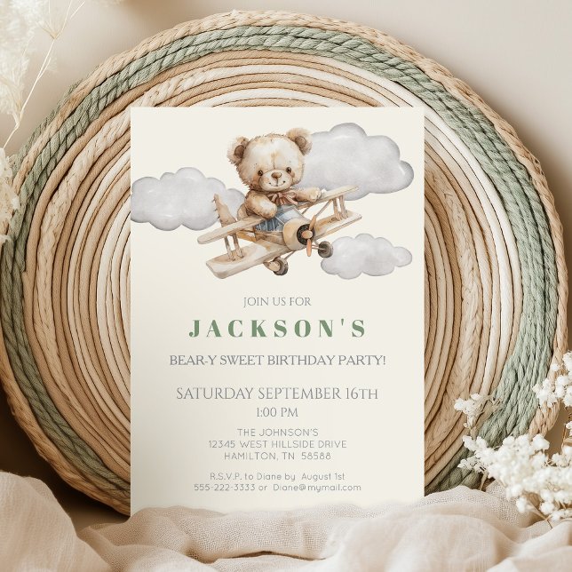Boho Teddy Bear Airplane Birthday Party Invitation (Bear-y Sweet Birthday Teddy Bear riding Airplane Invitation)