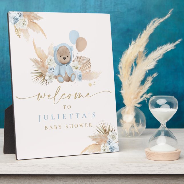 Boho Teddy Bear Baby Shower Boy Blue Bear Welcome Plaque (Side)