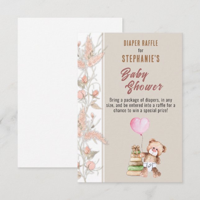 Boho Teddy Bear Baby Shower Diaper Raffle Enclosure Card (Front/Back)