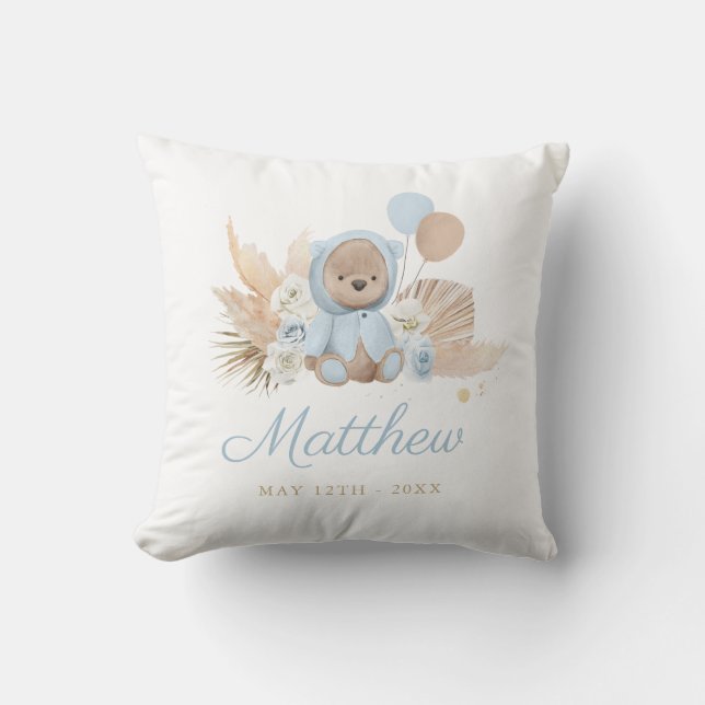 Boho Teddy Bear Baby Shower Gift Boy Blue Bear Throw Pillow (Front)