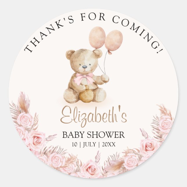 Boho Teddy Bear Baby Shower Girl Classic Round Sticker (Front)