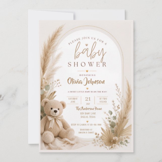 Boho Teddy Bear Baby Shower Invitation (Front)