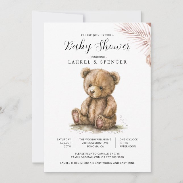 Boho Teddy Bear Baby Shower Invitation (Front)