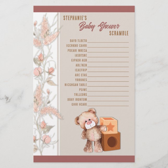 Boho Teddy Bear Baby Shower Scramble Game Stationery (Front)