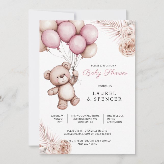 Boho Teddy Bear Balloons Baby Shower Invitation (Front)