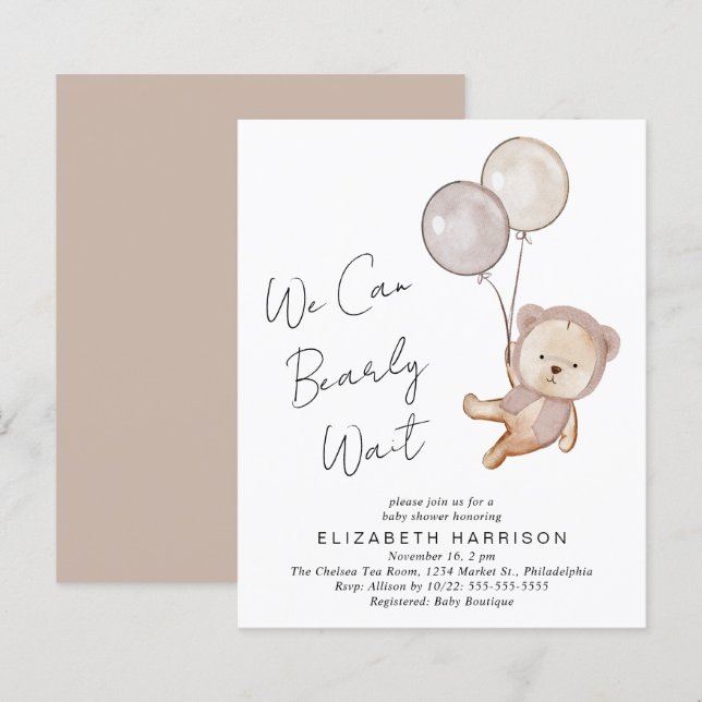Boho Teddy Bear Balloons Baby Shower Invitation (Front/Back)
