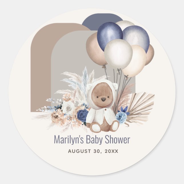 Boho Teddy Bear & Balloons Bearly Wait Baby Shower Classic Round Sticker (Front)