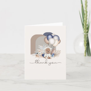 Boho Teddy Bear & Balloons - Blue, Brown, Neutral  Thank You Card