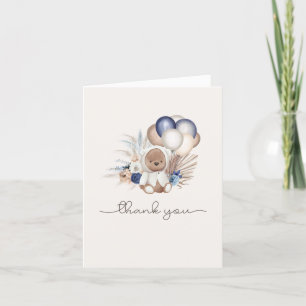Boho Teddy Bear & Balloons - Blue, Brown, Neutral Thank You Card