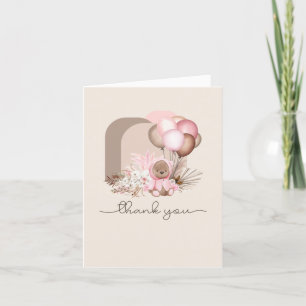 Boho Teddy Bear & Balloons - Pink, Brown, Neutral Thank You Card