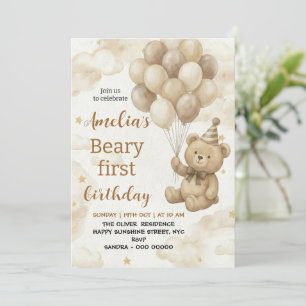 Boho Teddy Bear Beary First 1st Birthday Party Invitation
