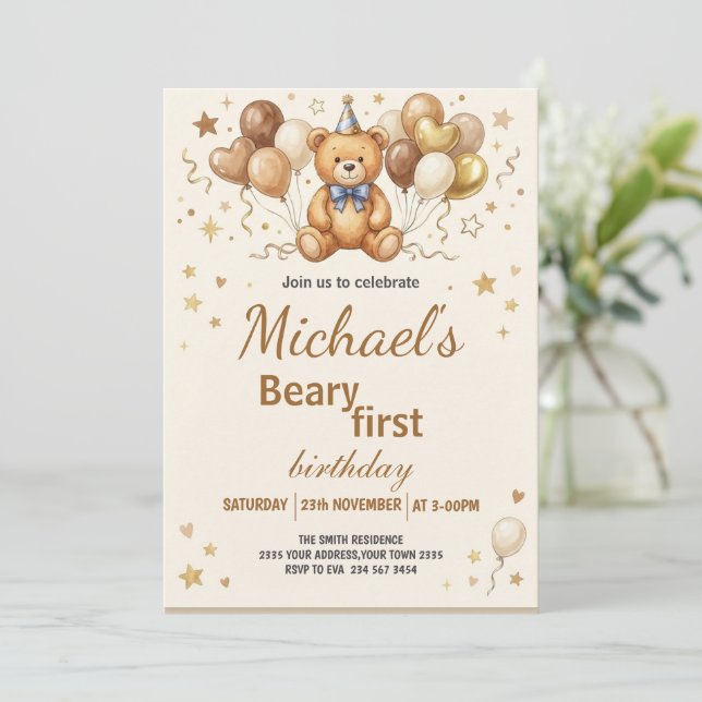 Boho Teddy Bear Beary First 1st Birthday Party Invitation (Standing Front)