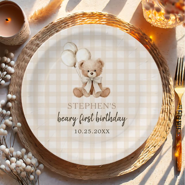 Boho Teddy Bear Beary First 1st Birthday Party Paper Plate (Creator Uploaded)
