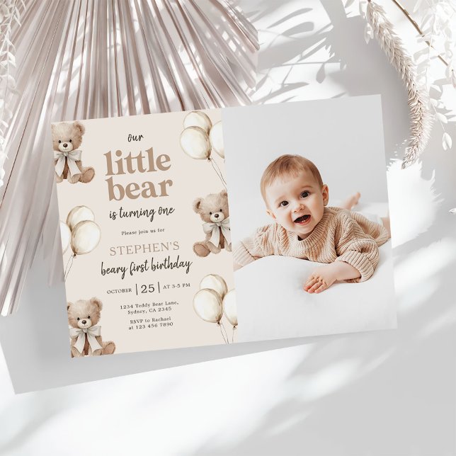 Boho Teddy Bear Beary First 1st Birthday Photo Invitation (Creator Uploaded)