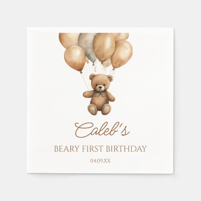 Boho Teddy Bear Beary First Birthday Party Napkin (Front)