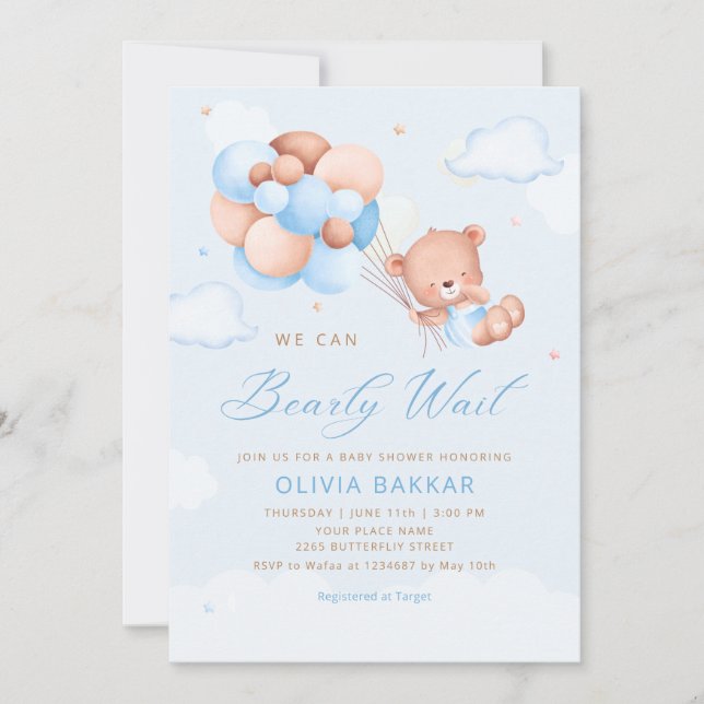 Boho Teddy Bear Boy Blue Bearly Wait Baby Shower I Invitation (Front)