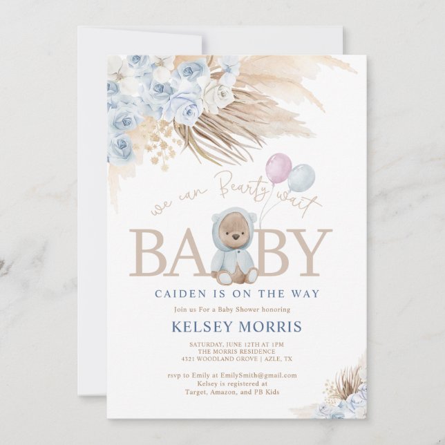 Boho Teddy Bear Boy Blue Bearly Wait Baby Shower Invitation (Front)