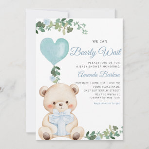 Boho Teddy Bear Boy Blue Bearly Wait Baby Shower  Invitation