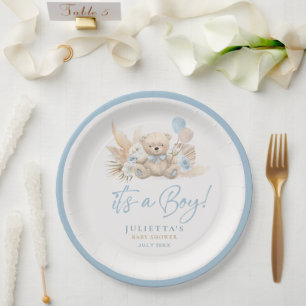 Boho Teddy Bear Boy Blue Bearly Wait Baby Shower Paper Plate