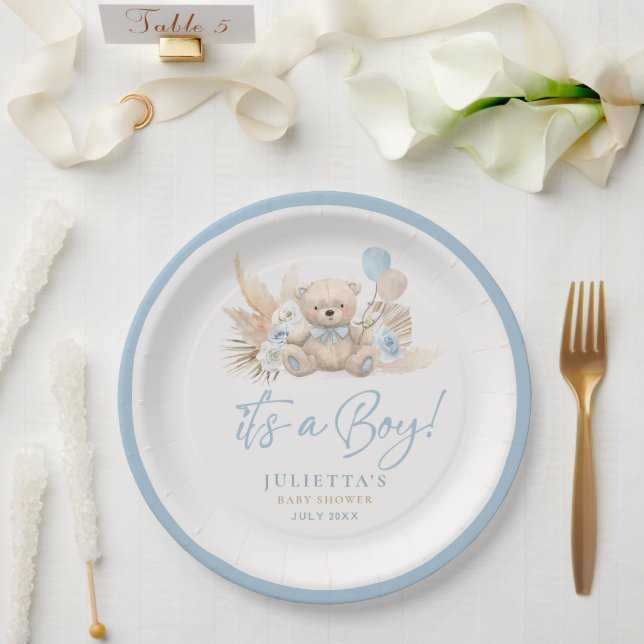 Boho Teddy Bear Boy Blue Bearly Wait Baby Shower Paper Plate (Wedding)