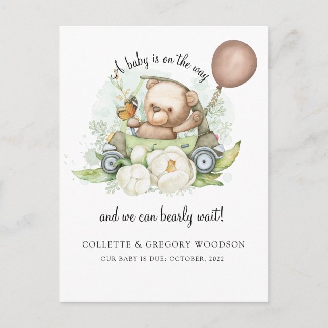 Boho Teddy Bear Brown Sage Green Bearly Wait  Anno Announcement Postcard (Front)
