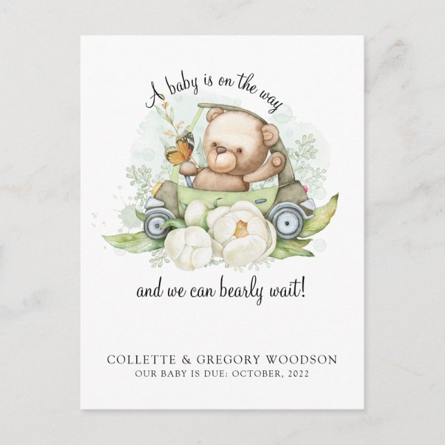 Boho Teddy Bear Brown Sage Green Bearly Wait  Announcement Postcard (Front)