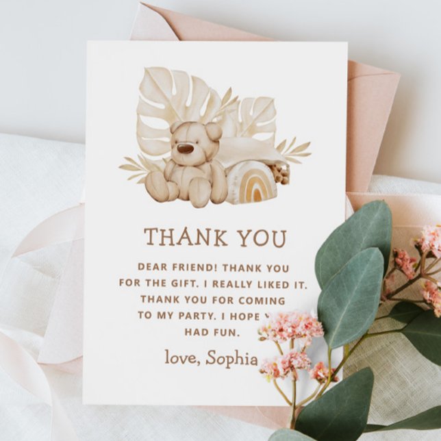 Boho Teddy Bear | Cute Soft Kids Birthday Party Thank You Card (Creator Uploaded)