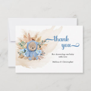 Boho teddy bear dried palm blue flowers thank you card