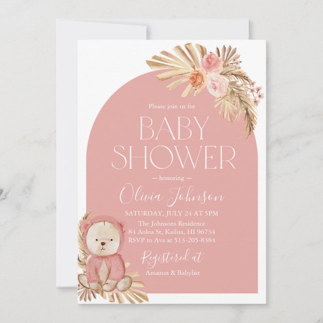 Boho Teddy Bear Girl Baby shower rose Invitation (Devant)