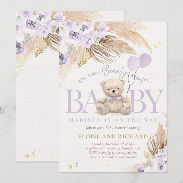Boho Teddy Bear Girl Lilac Bearly Wait Baby Shower Invitation (Front/Back)