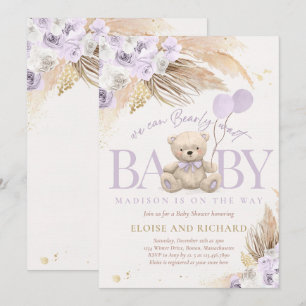 Boho Teddy Bear Girl Lilac Bearly Wait Baby Shower Invitation