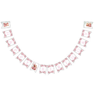 Boho Teddy Bear Girl Pink Bear Floral Birthday  Bunting Flags