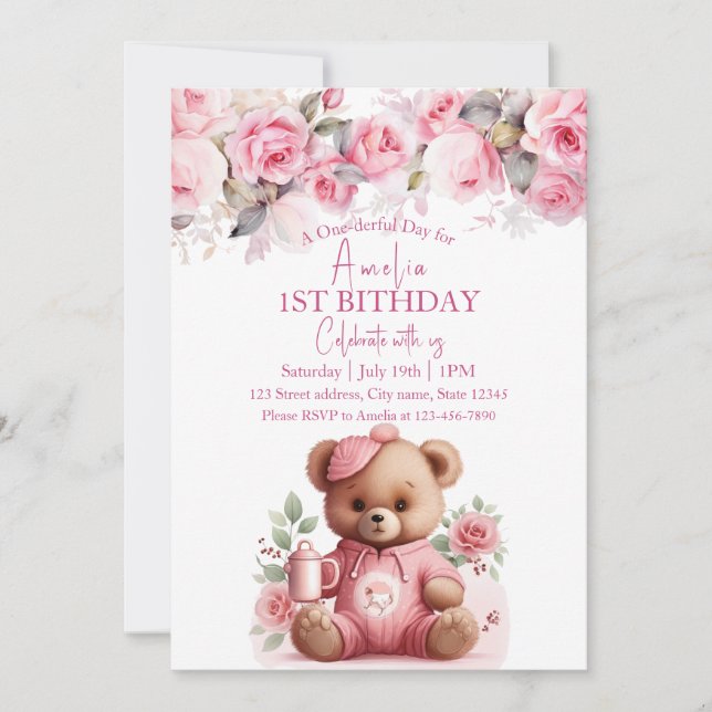 Boho Teddy Bear Girl Pink Bear Floral Birthday  Invitation (Front)