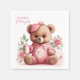 Boho Teddy Bear Girl Pink Bear Floral Birthday  Napkin