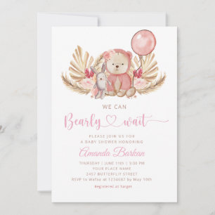  Boho Teddy Bear Girl Pink Bearly Wait Baby Shower Invitation