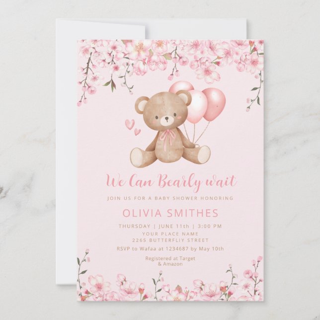 Boho Teddy Bear Girl Pink Bearly Wait Baby Shower  Invitation (Front)