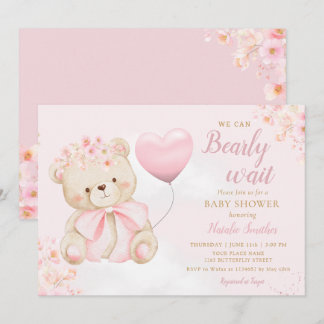 Boho Teddy Bear Girl Pink Bearly Wait Baby Shower Invitation