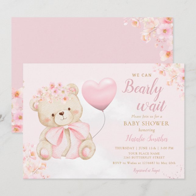 Boho Teddy Bear Girl Pink Bearly Wait Baby Shower Invitation (Front/Back)